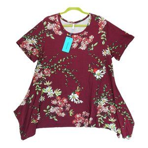 NWT PopYoung Red Burgundy Floral Tunic Top Plus‎ Size 3XL Irregular Hem